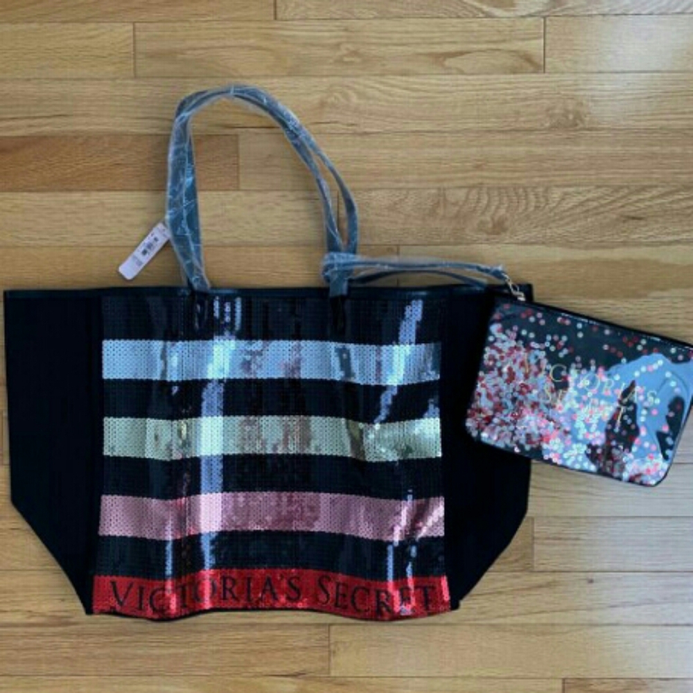 💋 Victoria’s Secret Striped Sequin Tote Bag L NEW! * - Picture 2 of 9